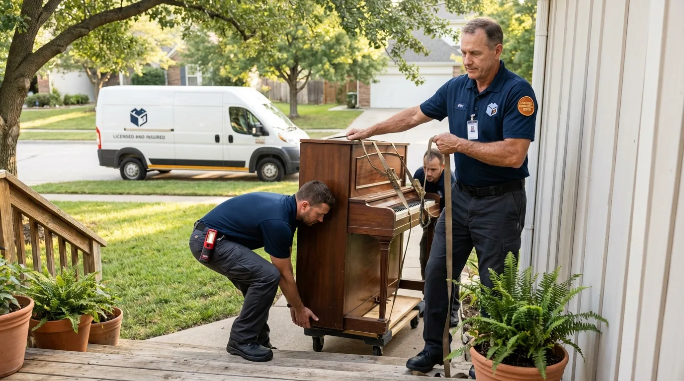 Licensed piano movers securing grand piano in Litchfield, IL