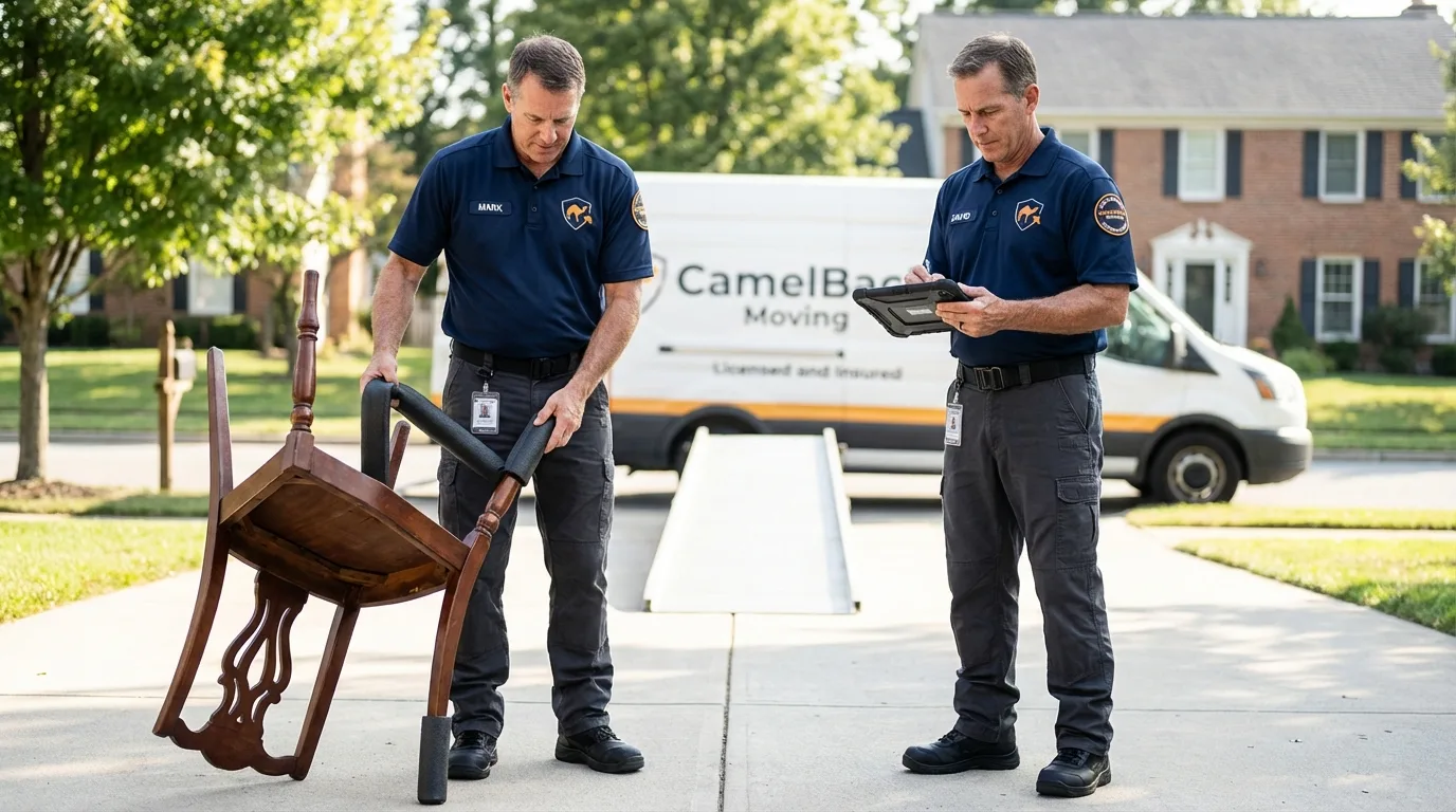 Movers inspecting furniture for damage prevention before loading in Litchfield, IL
